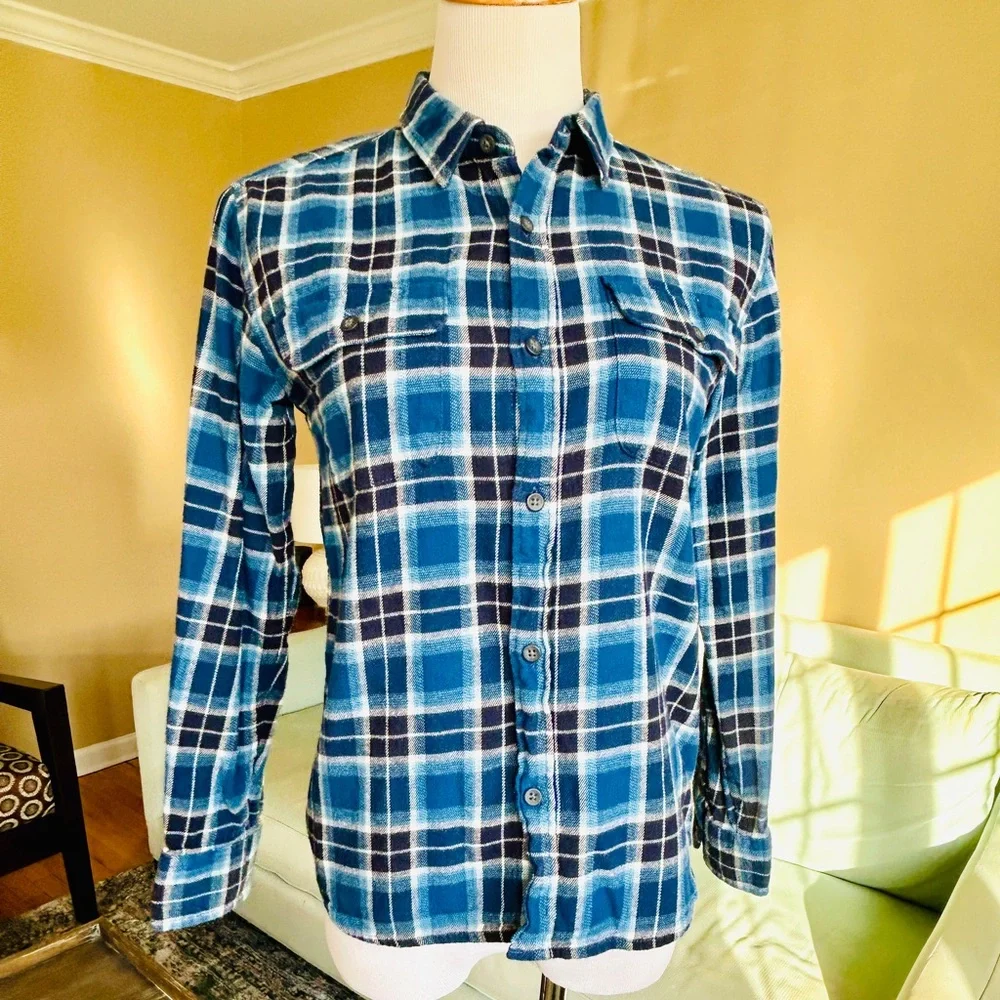 Old Navy Girls Size XL 14/16 Blue Plaid Flannel Shirt Stretch Cotton